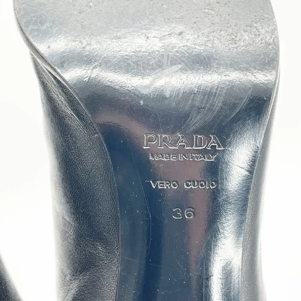 Vintage Prada Black Leather Square Toe Heeled Knee High Italian Boots 90s IT 36 - Picture 11 of 14
